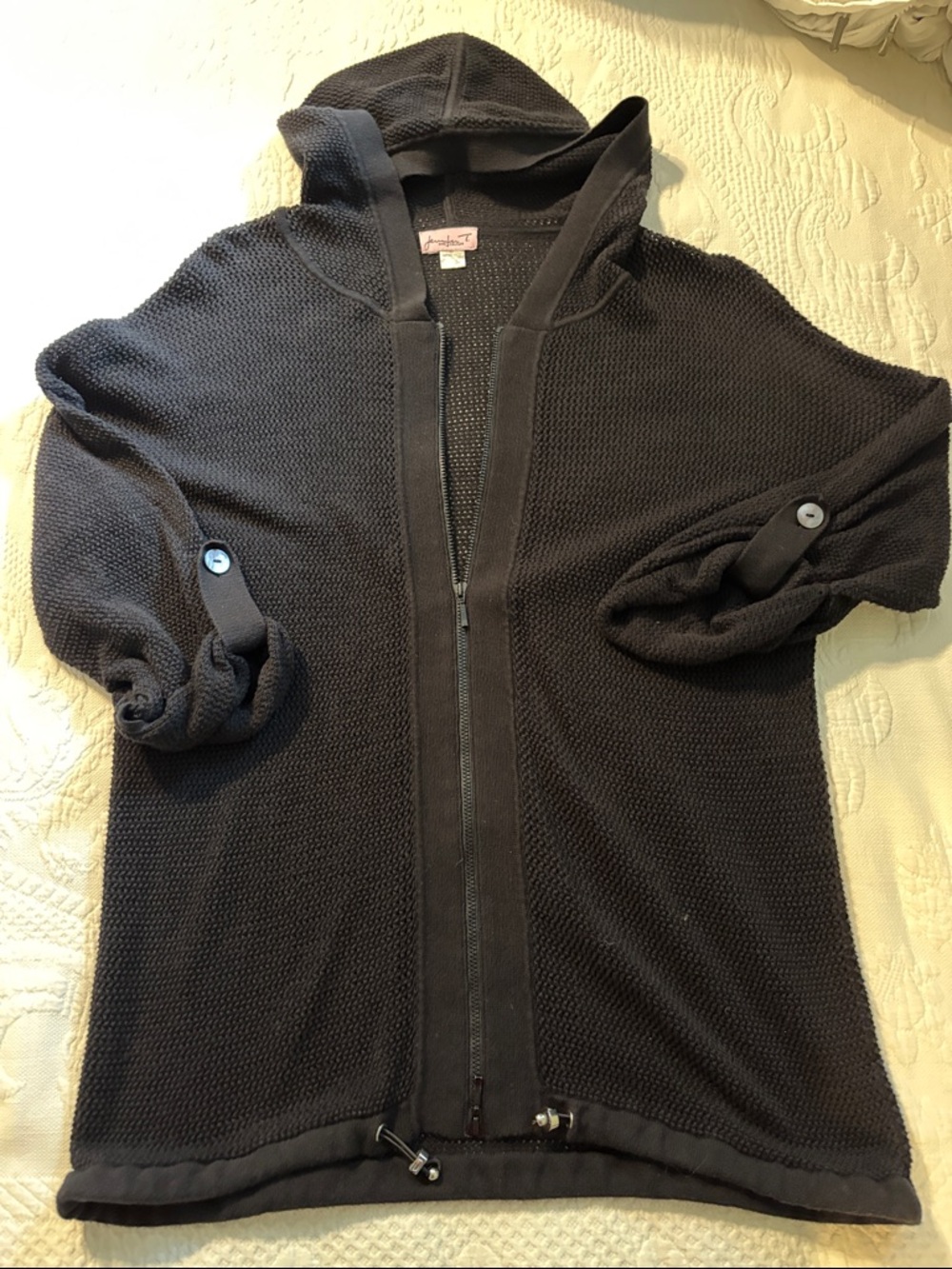 Black Hooded Cotton Mesh Zipfront Sweater